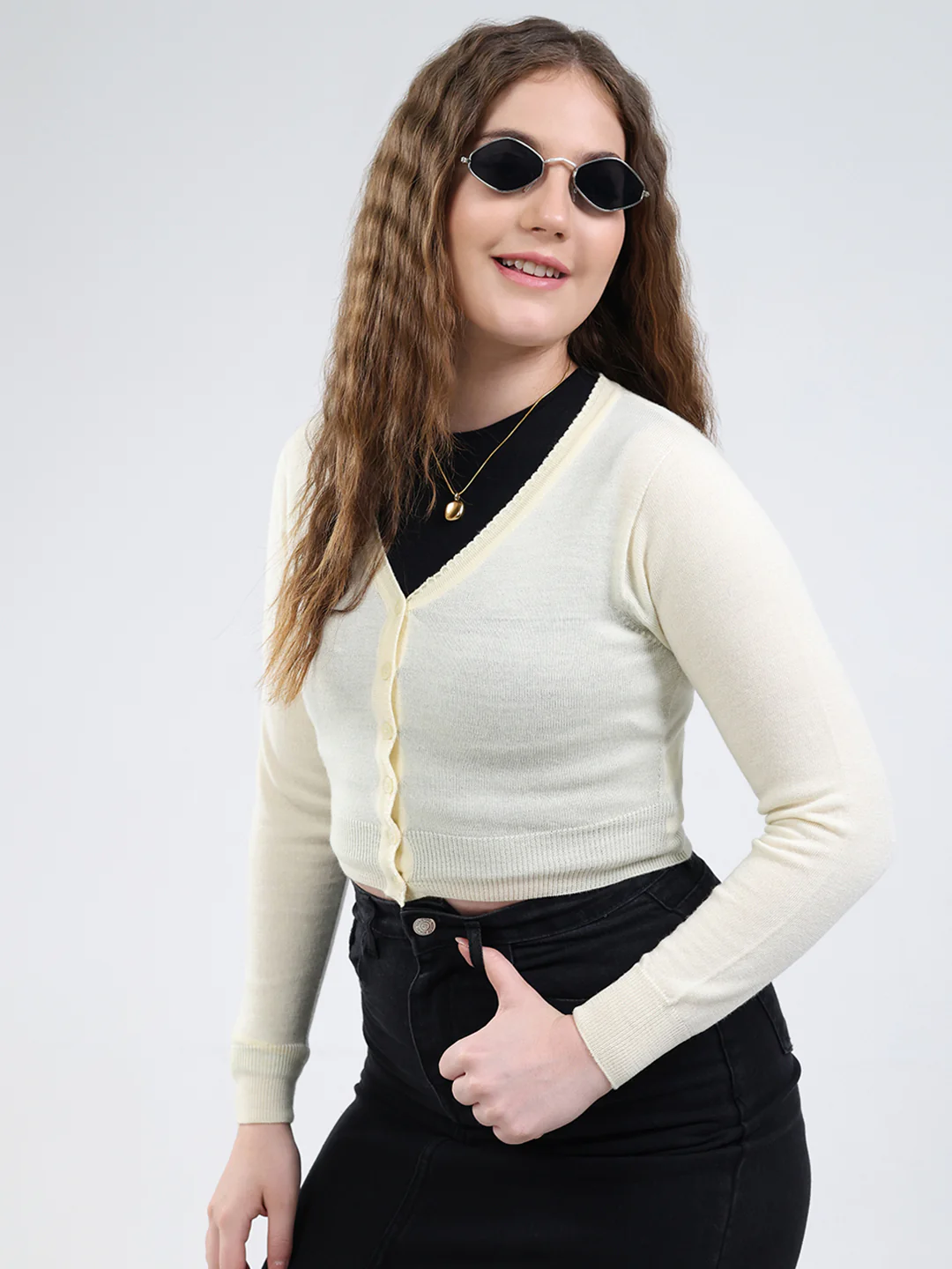 Women White Solid V Neck Full Sleeve Cardigan - Image 6