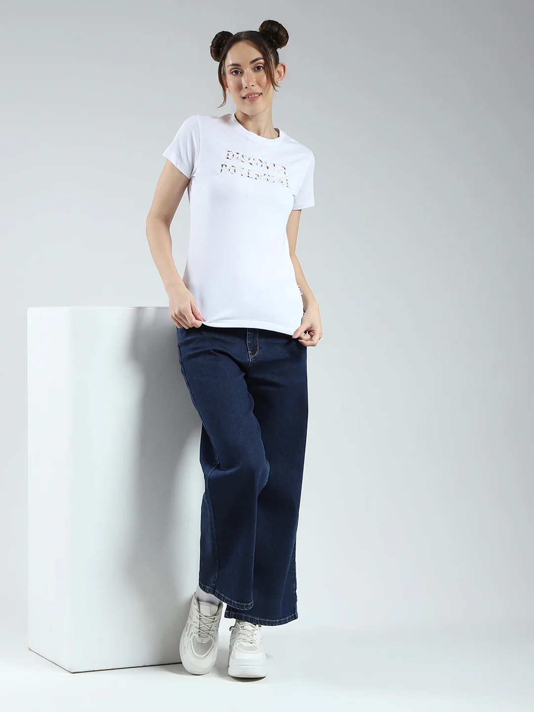 Rock.it Women White Solid Round Neck Half Sleeve Top - Image 2