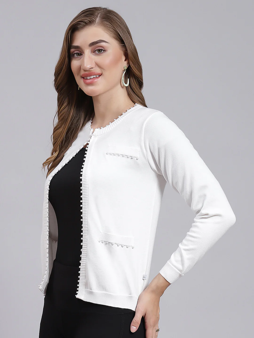 Women White Solid Wool blend Cardigan - Image 4