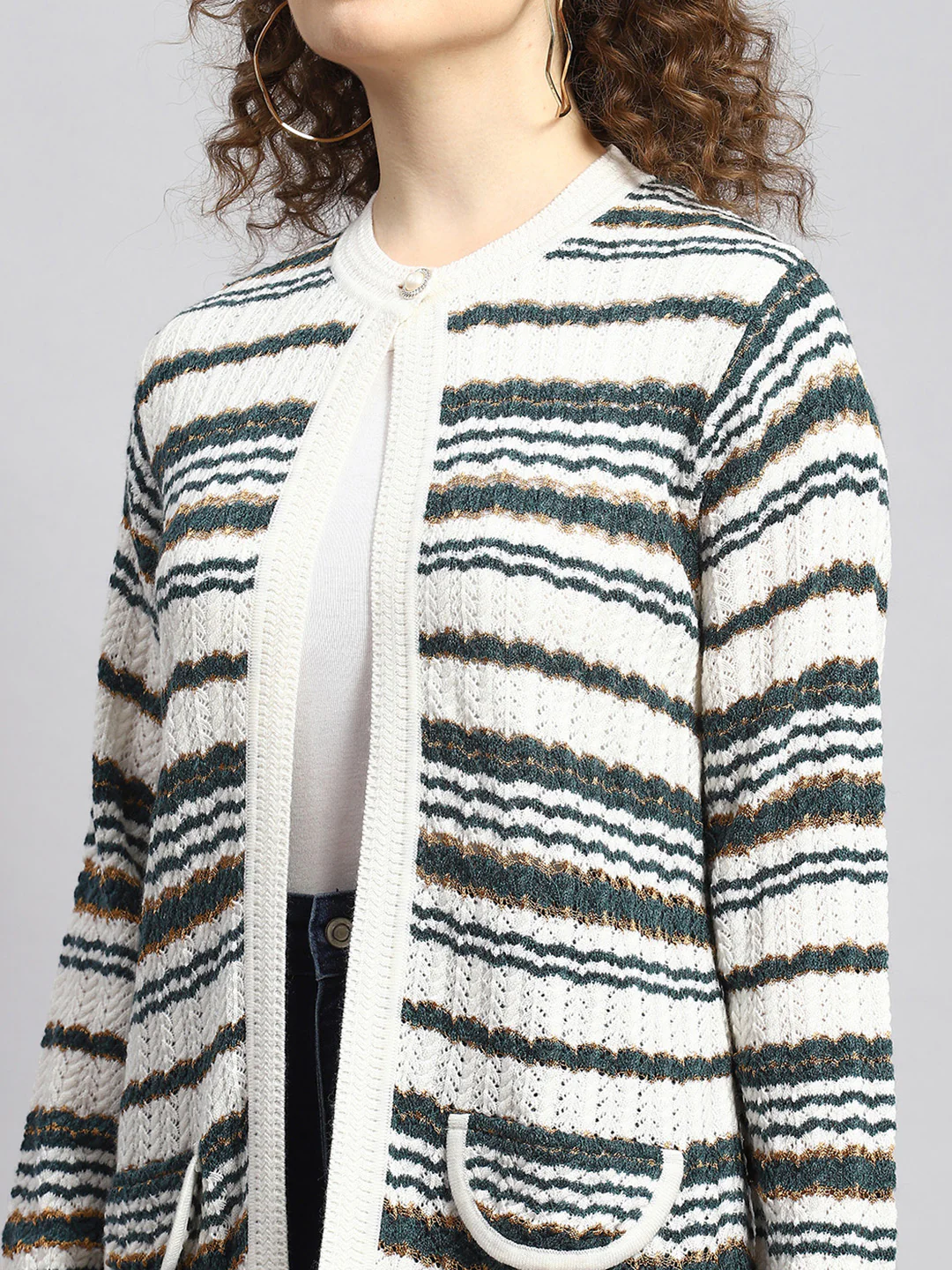 Women White Stripe Cardigan - Image 6