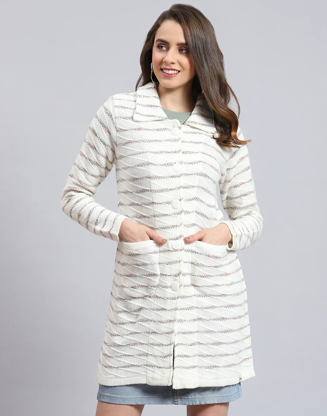Women White Stripe Collar Full Sleeve Cardigan - Image 3