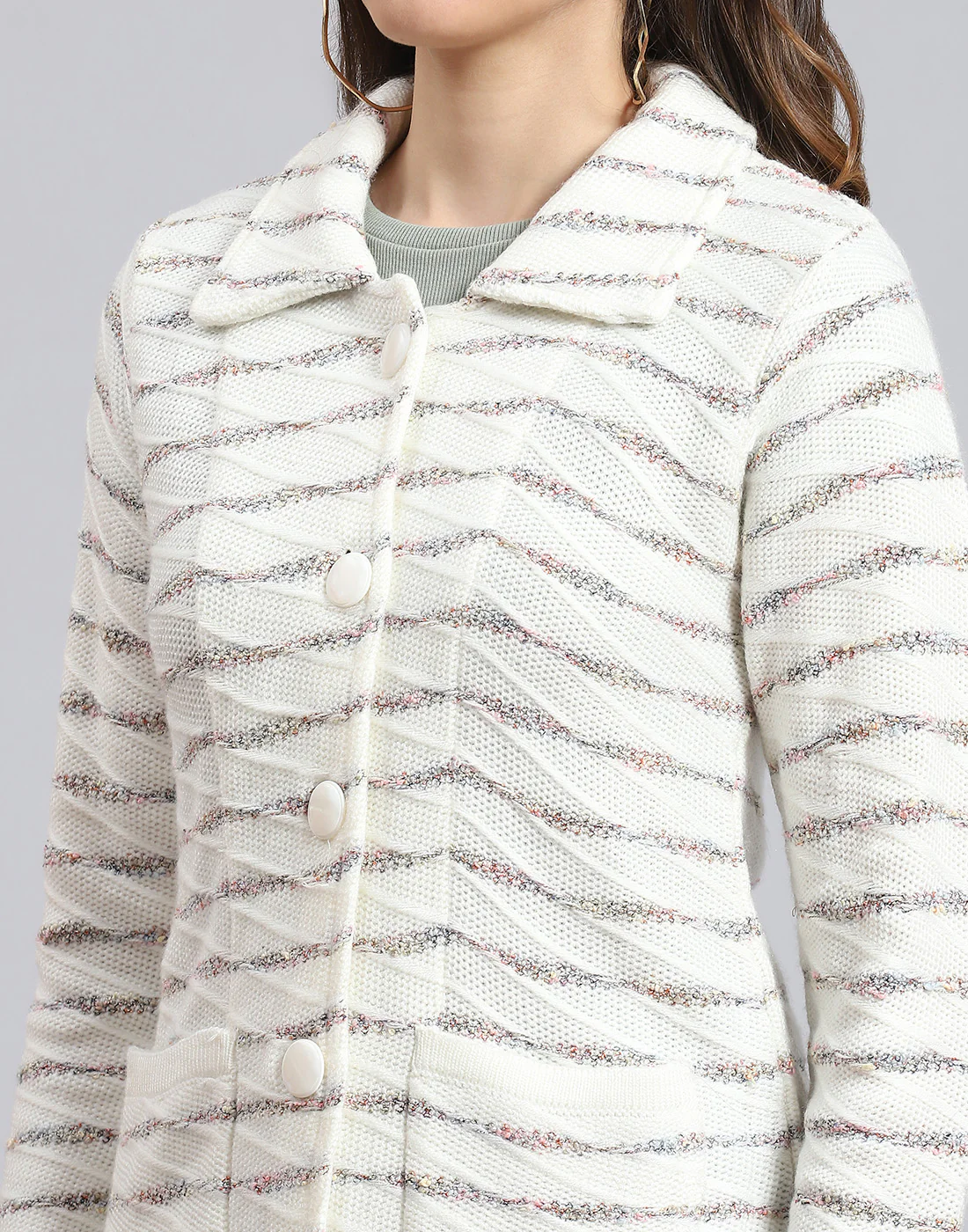 Women White Stripe Collar Full Sleeve Cardigan - Image 7