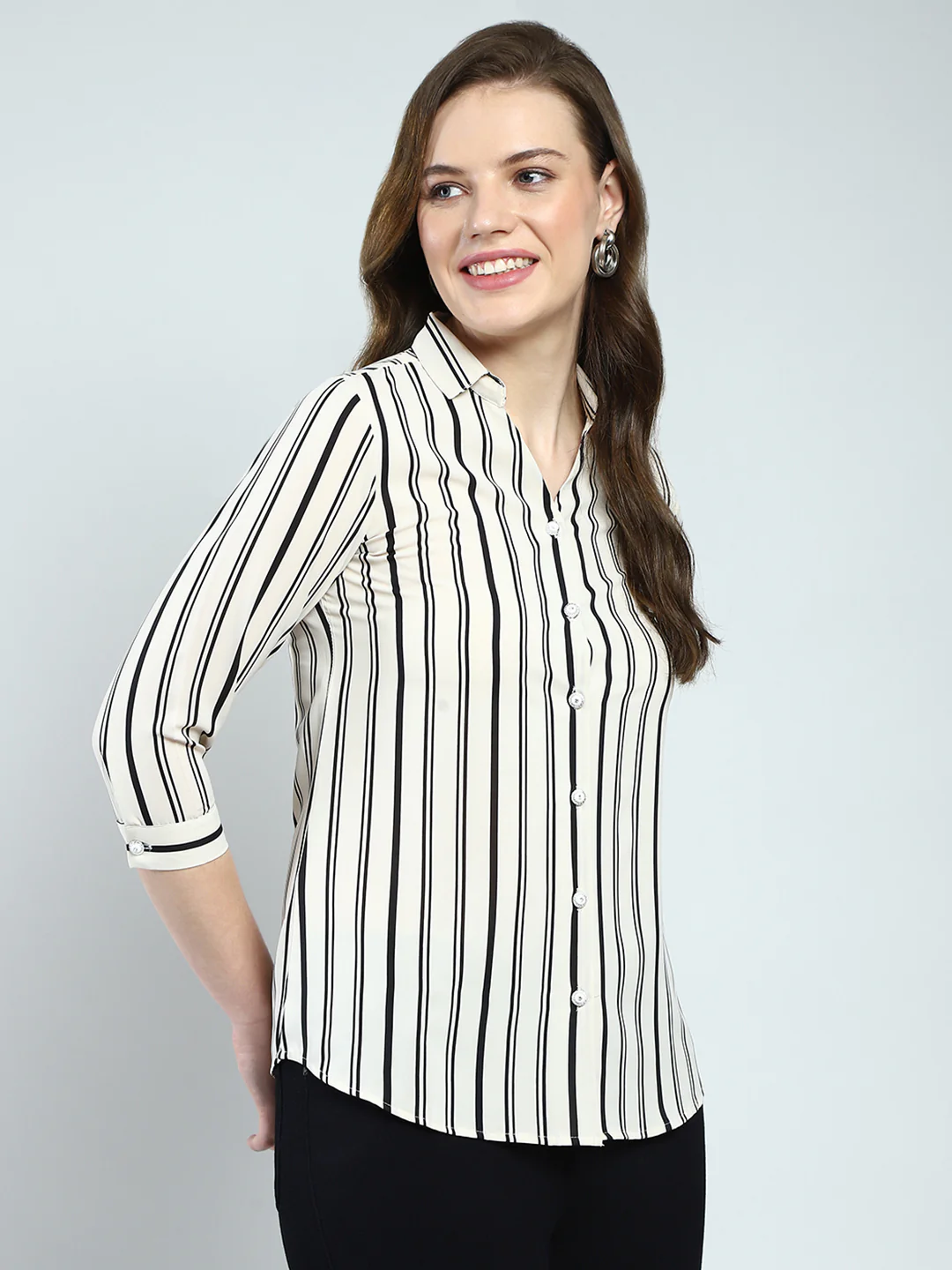 Women White Stripe Front Open 3/4th Sleeve Shirt - Image 4