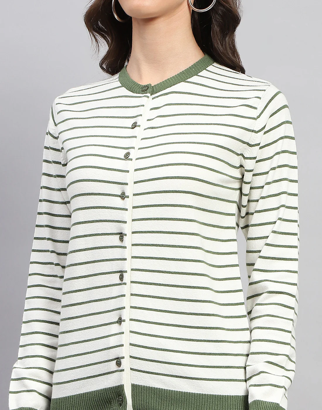 Women White Stripe Round Neck Full Sleeve Cardigan - Image 6