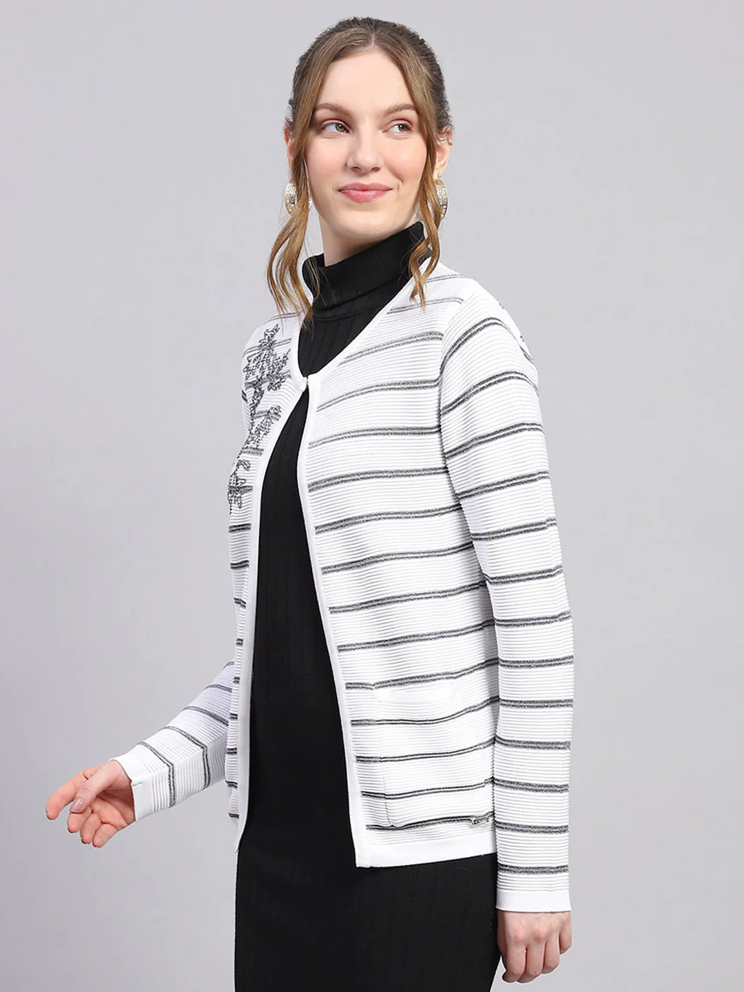 Women White Stripe Round Neck Full Sleeve Cardigan - Image 3