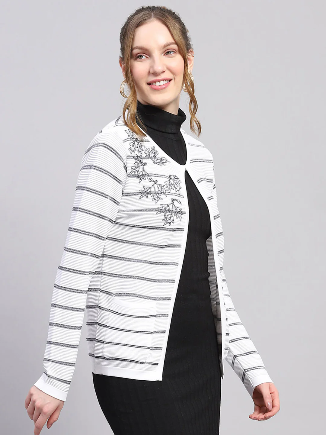 Women White Stripe Round Neck Full Sleeve Cardigan - Image 4