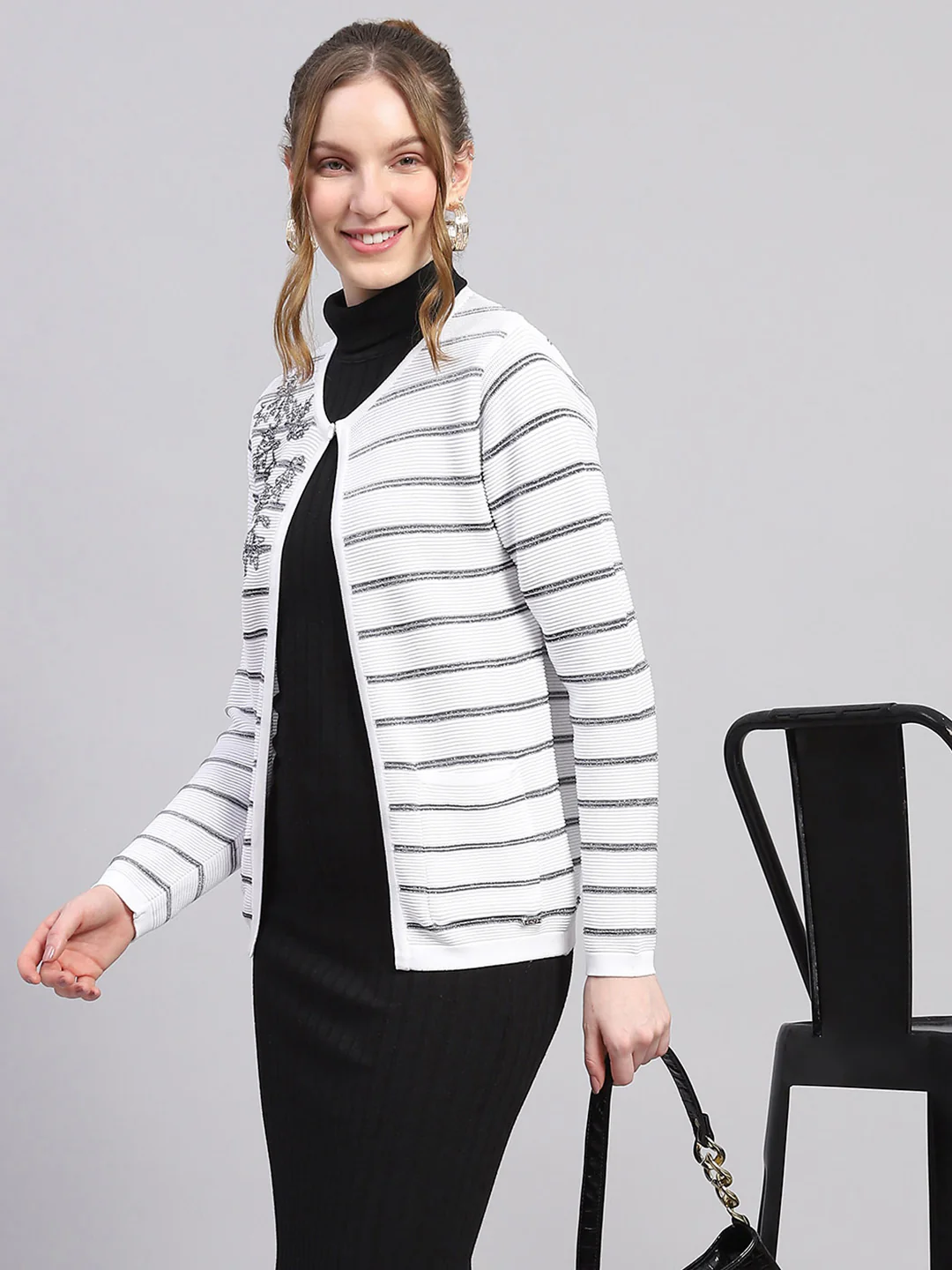 Women White Stripe Round Neck Full Sleeve Cardigan - Image 6