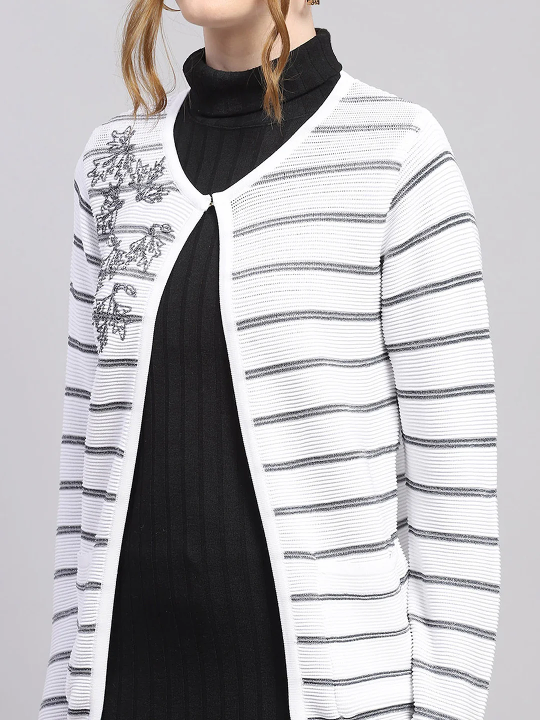Women White Stripe Round Neck Full Sleeve Cardigan - Image 7