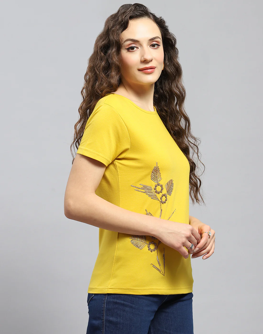 Women Yellow Embellished Round Neck Half Sleeve Top - Image 4