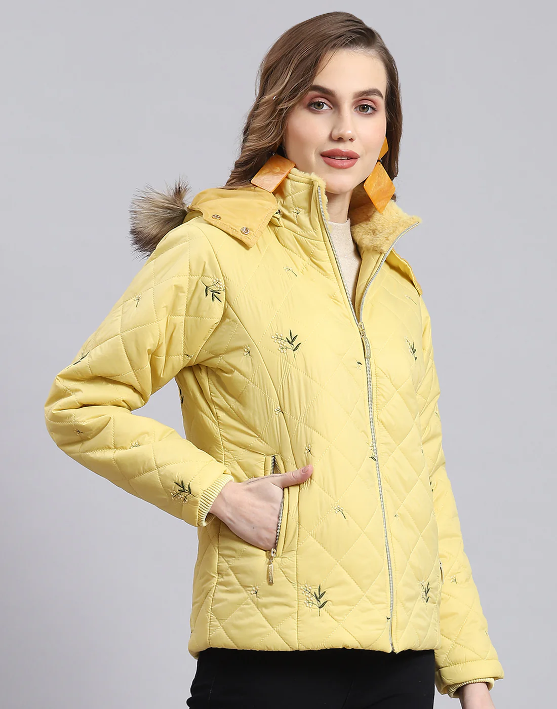 Women Yellow Embroidered Hooded Full Sleeve Jacket - Image 4