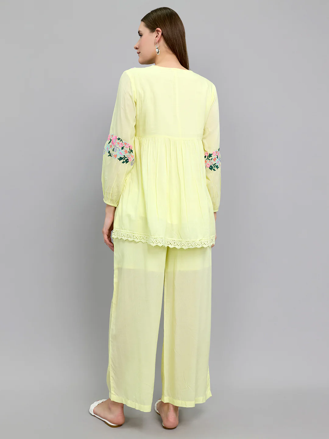 Women Yellow Embroidered Round Neck Half Sleeve Cords Set - Image 2