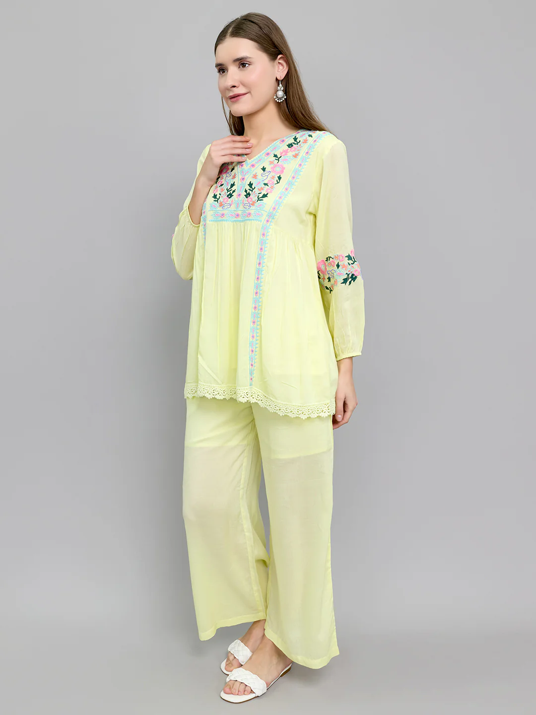 Women Yellow Embroidered Round Neck Half Sleeve Cords Set - Image 4