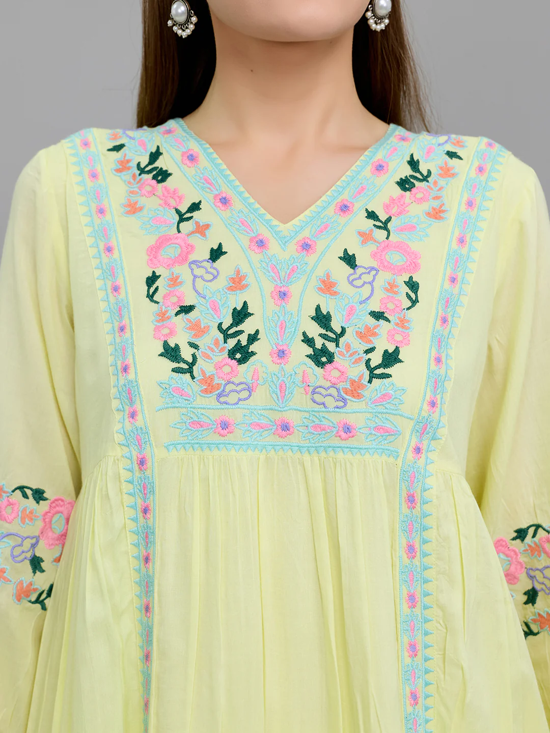 Women Yellow Embroidered Round Neck Half Sleeve Cords Set - Image 6