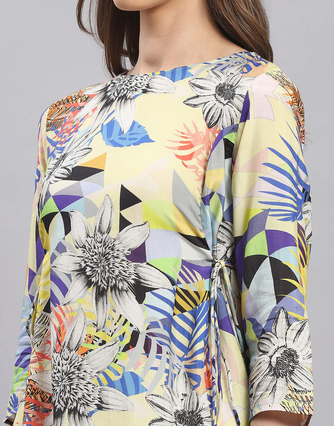 Women Yellow Printed Boat Neck 3/4 Sleeve Top - Image 6