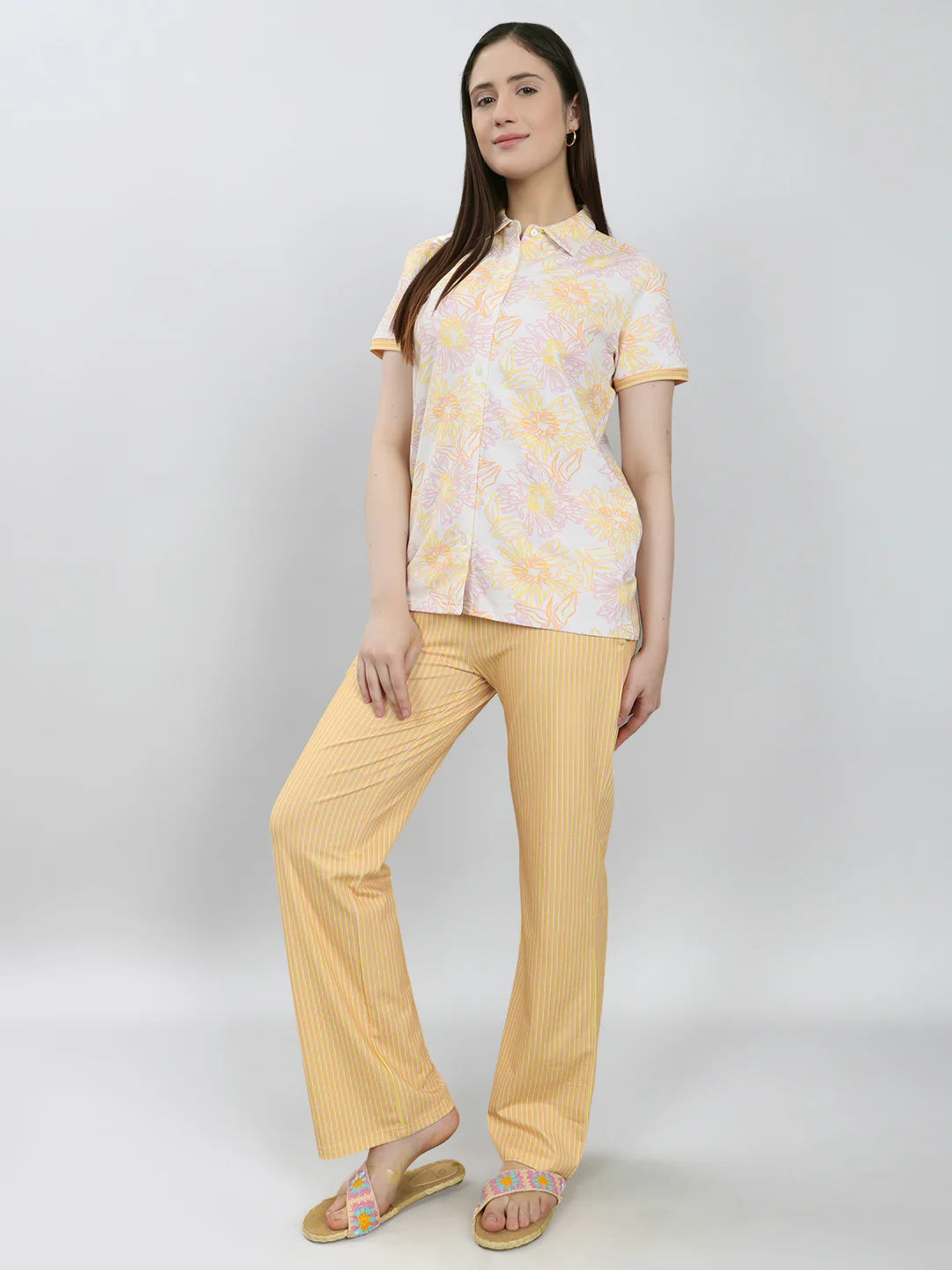 Women Yellow Printed Collar Half Sleeve Combo 3 Pc Set (Top, Shorts & Lower) - Image 2