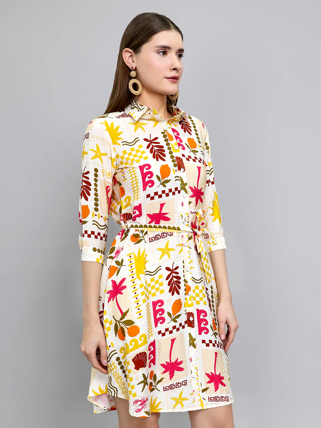 Women Yellow Printed Front Open 3/4th Sleeve Tunic - Image 3