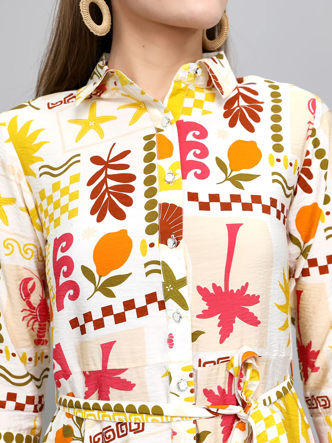 Women Yellow Printed Front Open 3/4th Sleeve Tunic - Image 5