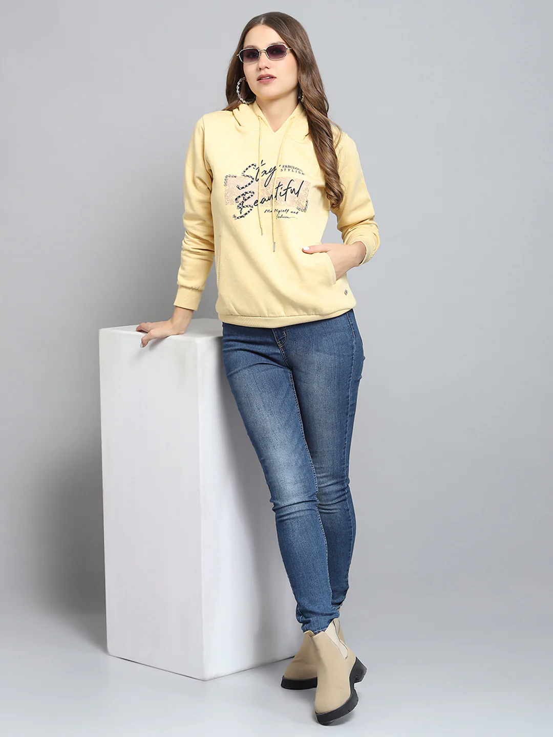 Women Yellow Printed Hooded Full Sleeve Sweatshirt - Image 2