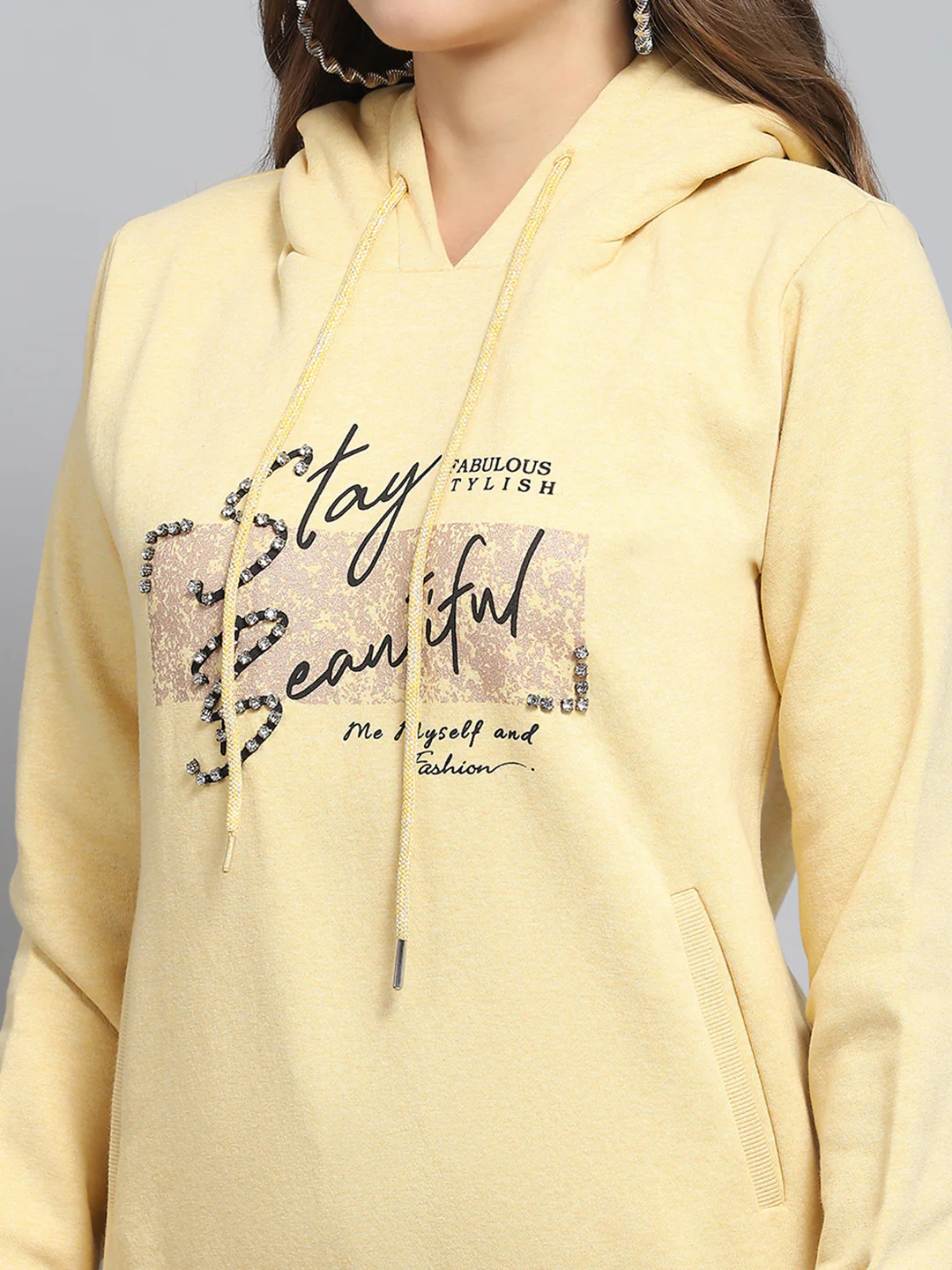 Women Yellow Printed Hooded Full Sleeve Sweatshirt - Image 6