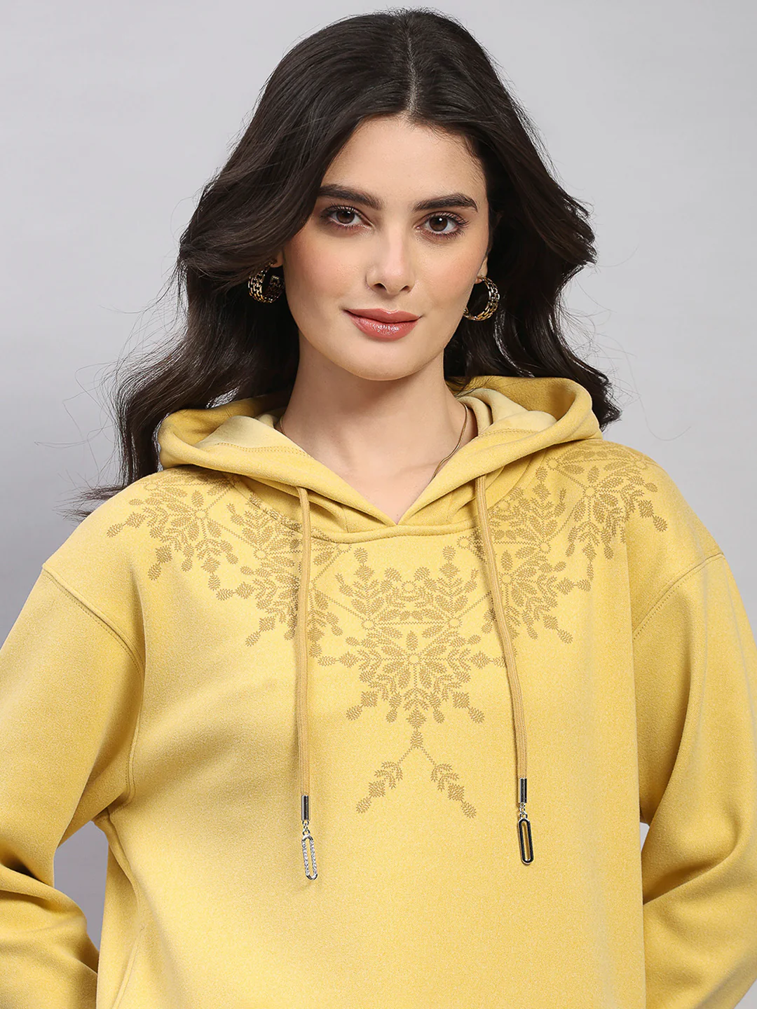 Women Yellow Printed Hooded Full Sleeve Sweatshirt - Image 6