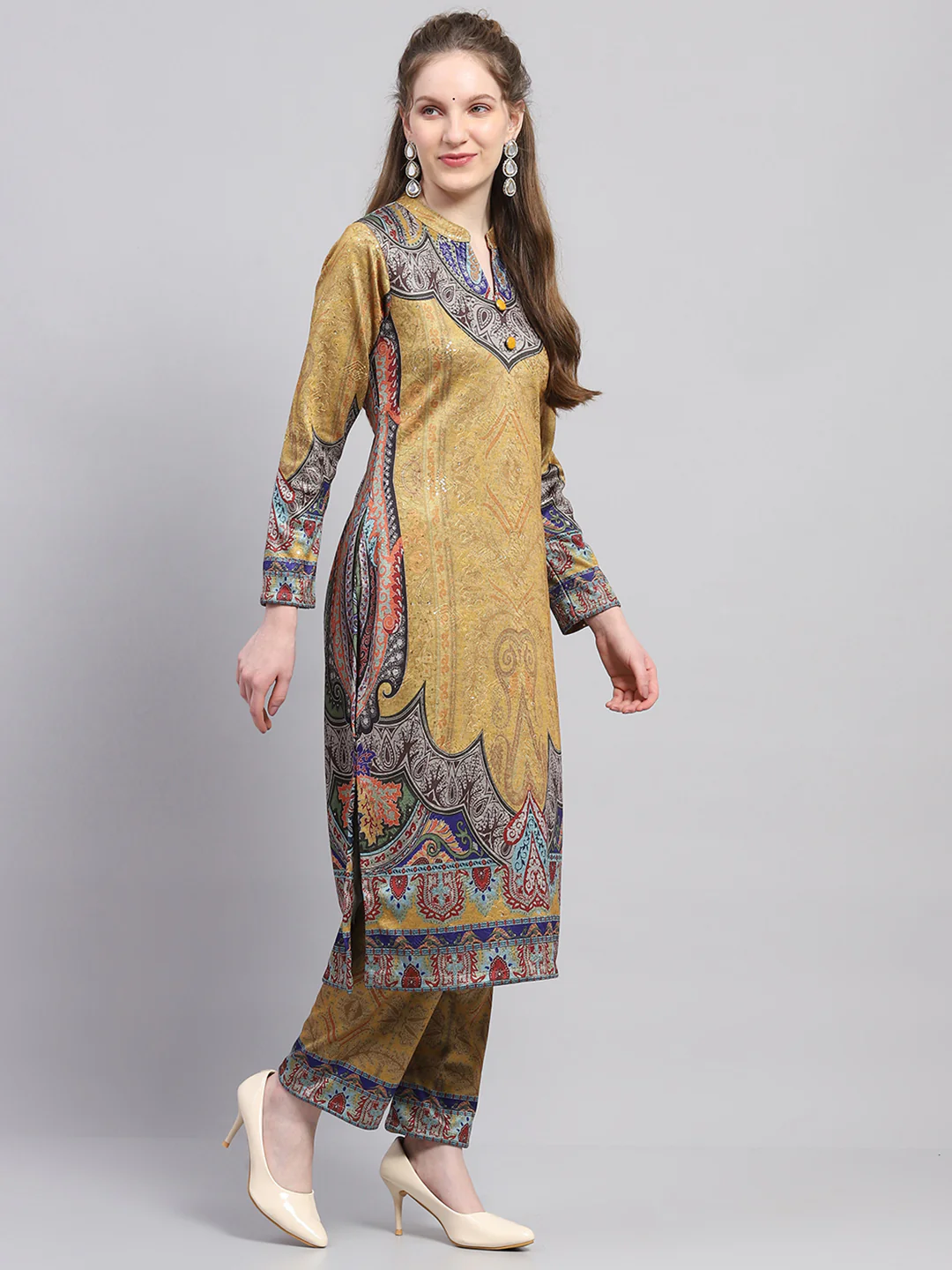 Women Yellow Printed Round Neck Full Sleeve Kurti Set for Winter - Image 5