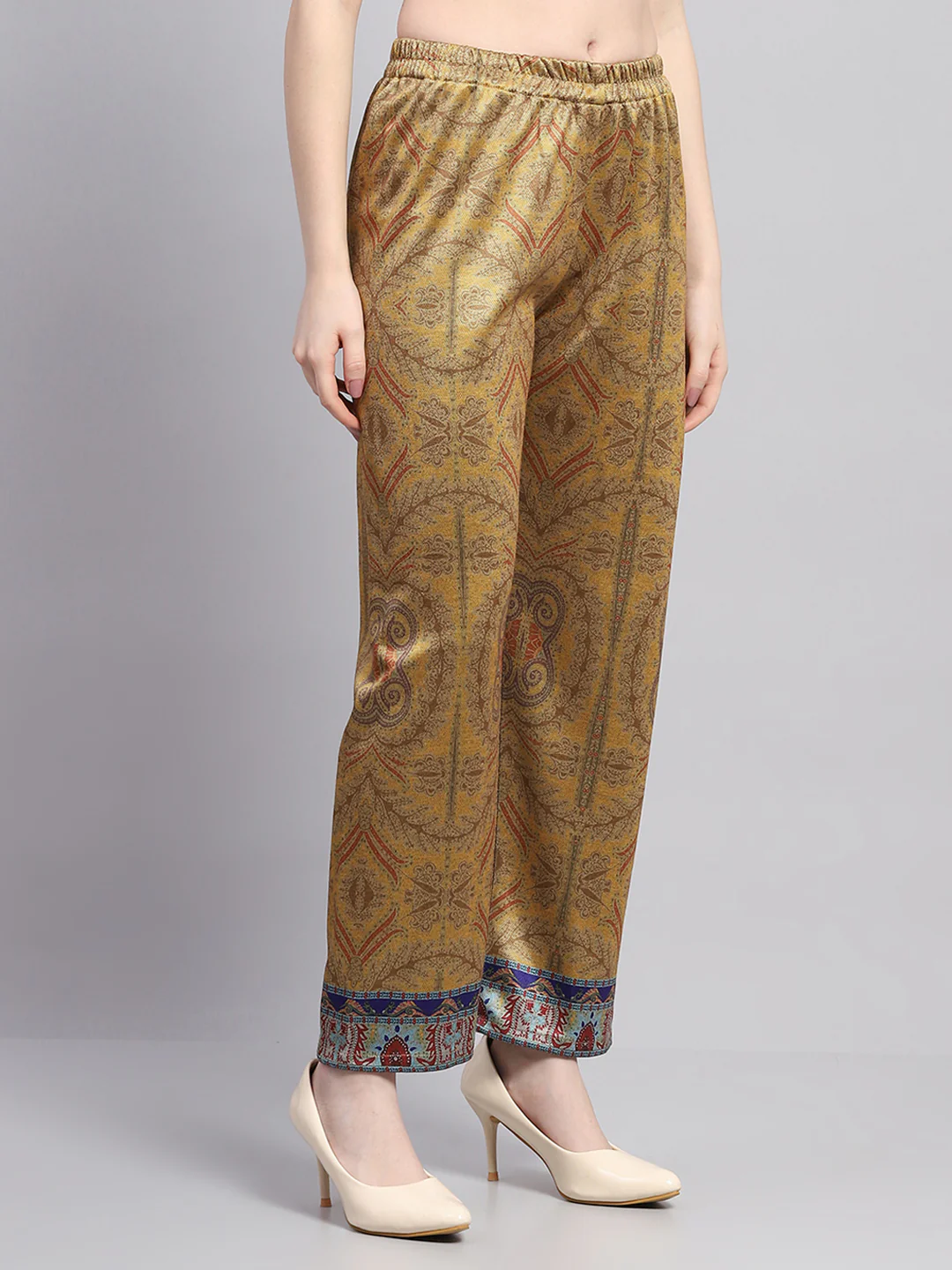 Women Yellow Printed Round Neck Full Sleeve Kurti Set for Winter - Image 7