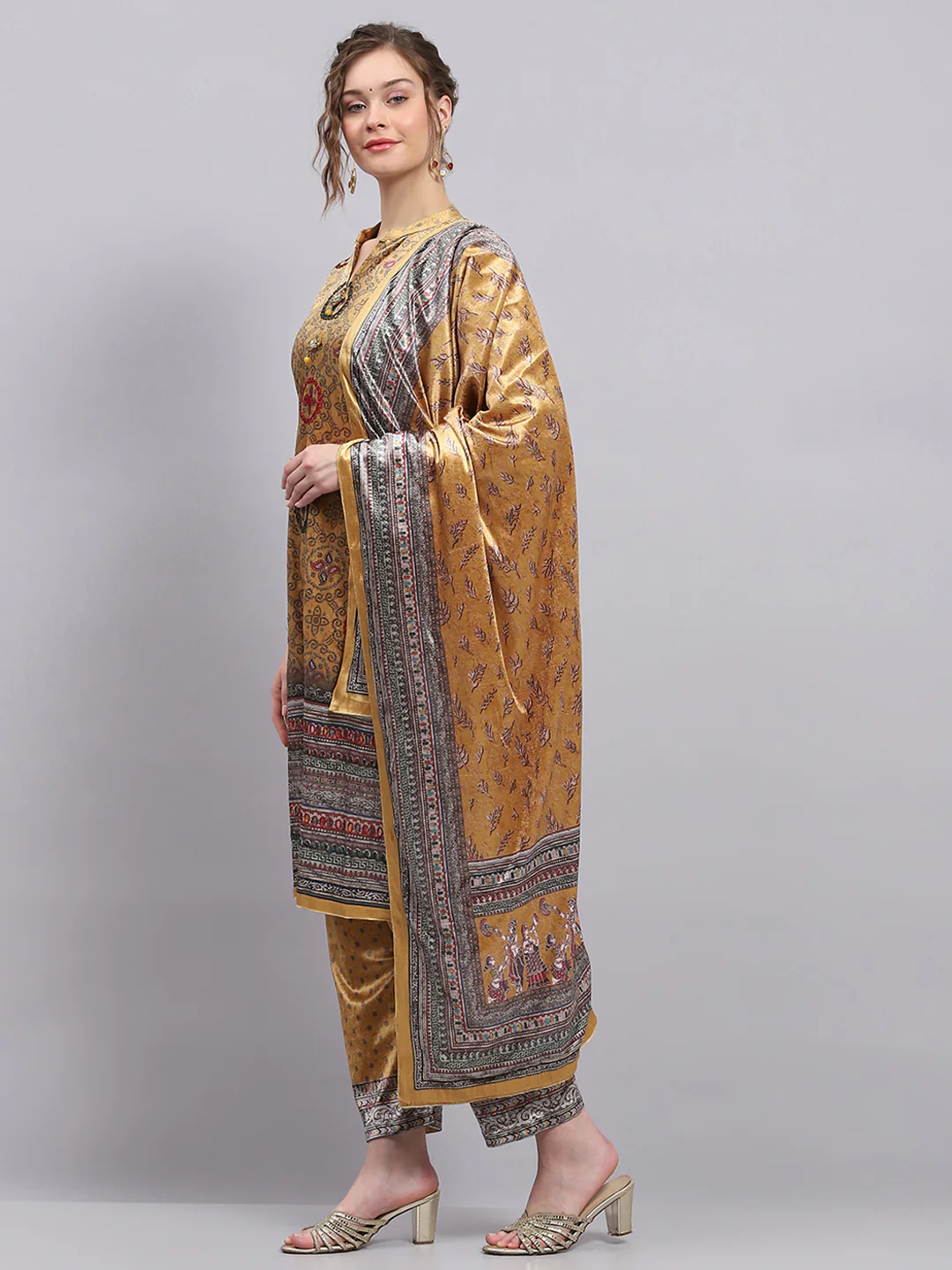 Women Yellow Printed Round Neck Full Sleeve Kurti Set with Stole - Image 3