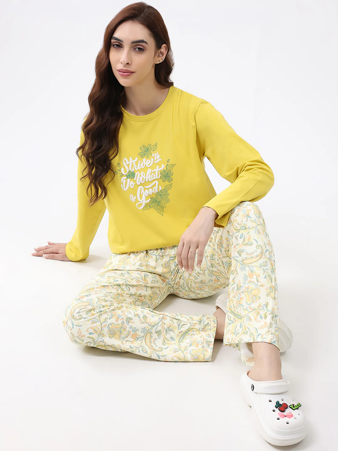 Women Yellow Printed Round Neck Full Sleeve Lower Set - Image 2