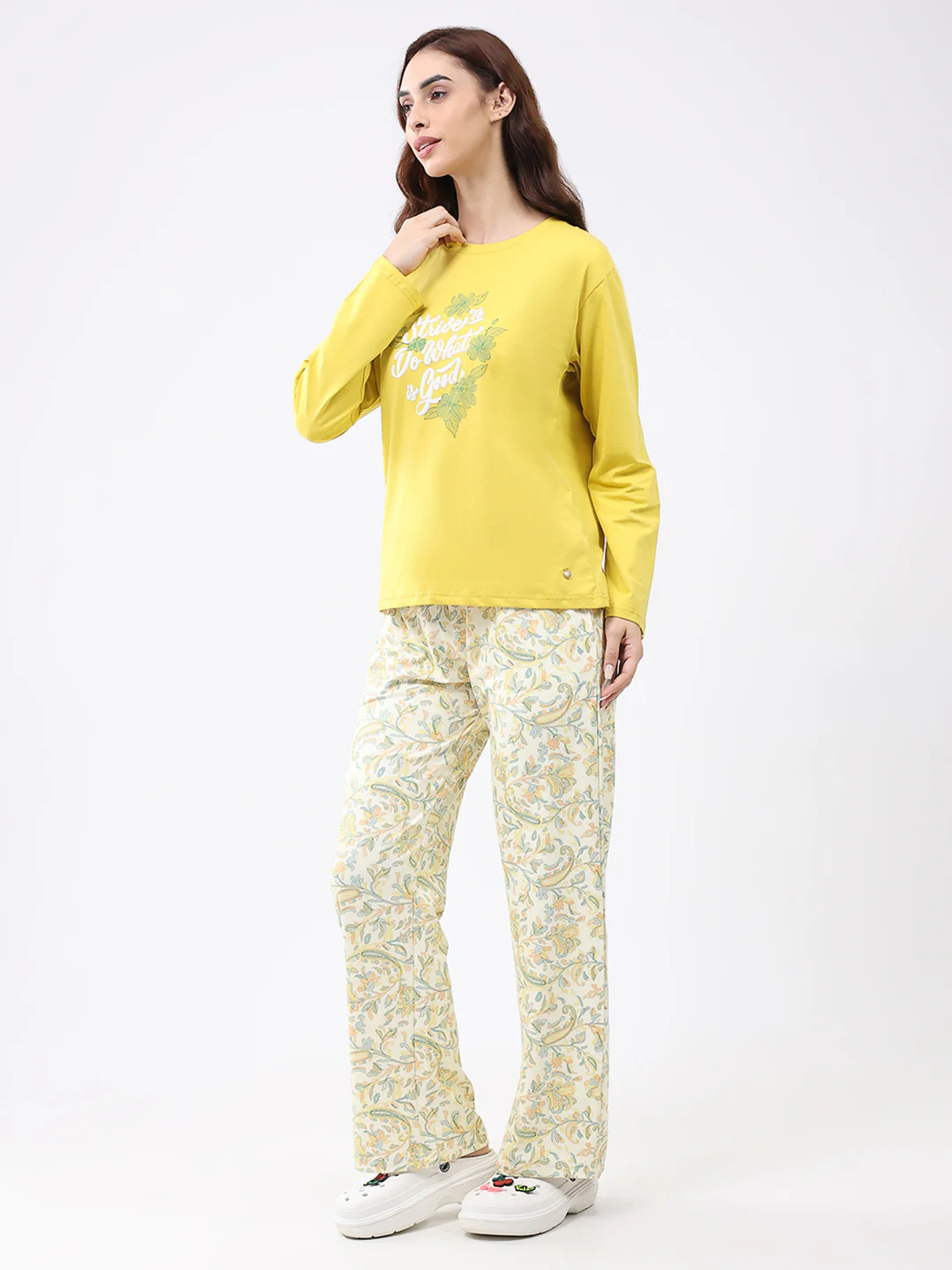 Women Yellow Printed Round Neck Full Sleeve Lower Set - Image 3