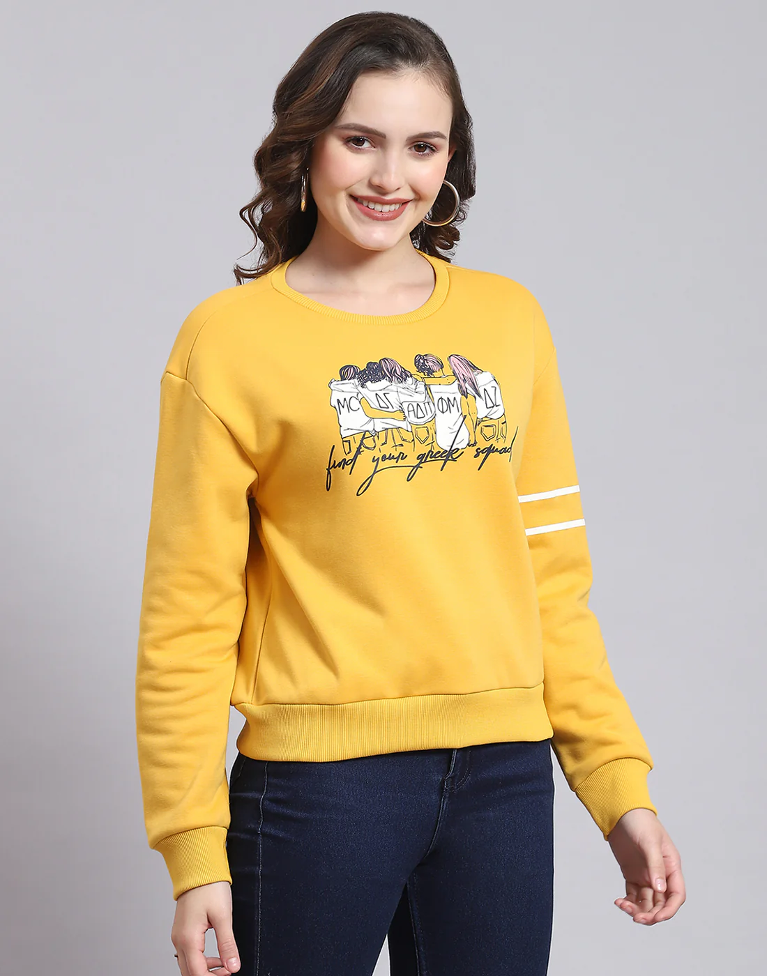 Women Yellow Printed Round Neck Full Sleeve Sweatshirt - Image 5