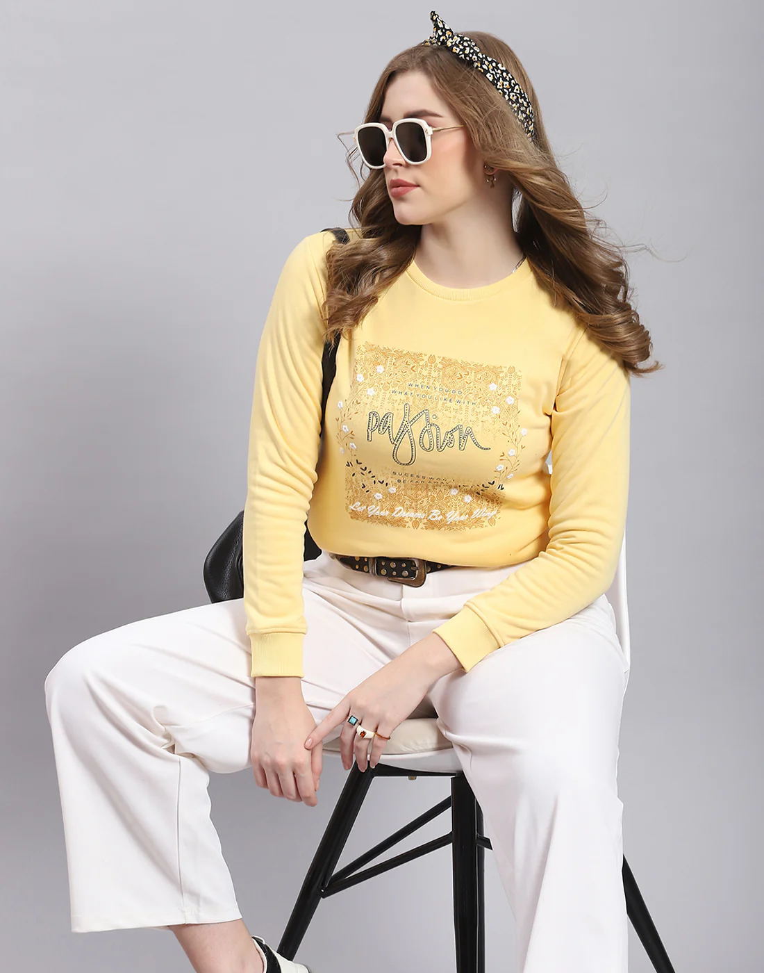 Women Yellow Printed Round Neck Full Sleeve Sweatshirt - Image 2