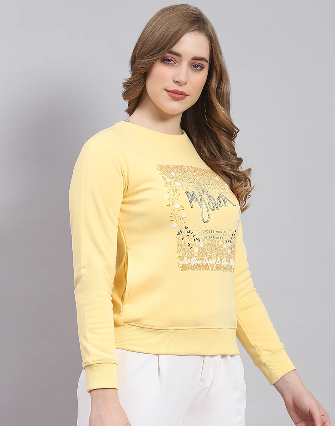 Women Yellow Printed Round Neck Full Sleeve Sweatshirt - Image 5