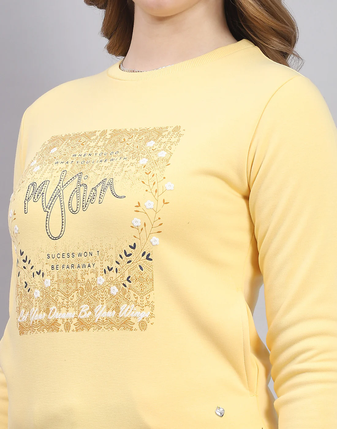 Women Yellow Printed Round Neck Full Sleeve Sweatshirt - Image 7
