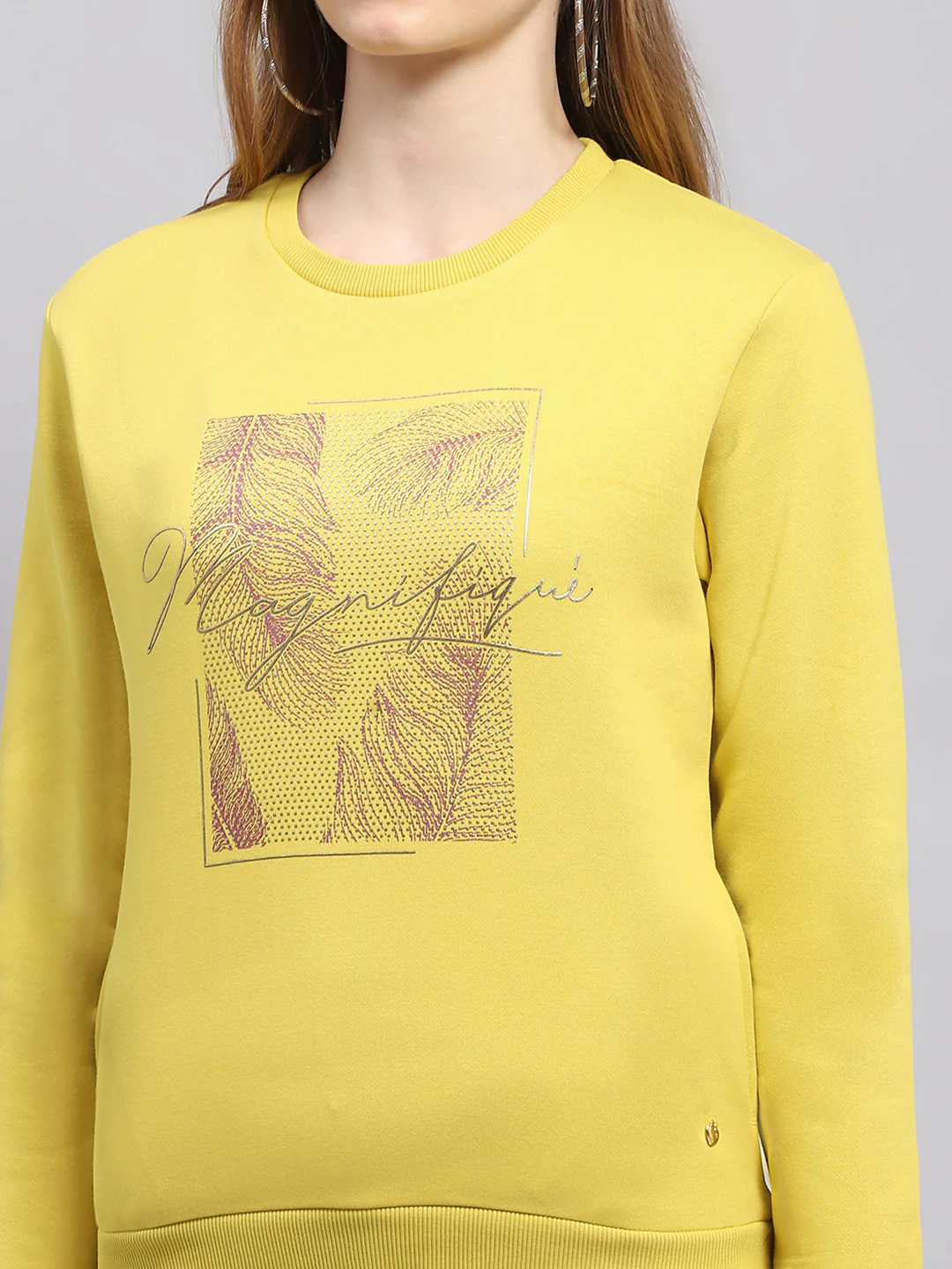 Women Yellow Printed Round Neck Full Sleeve Sweatshirt - Image 6