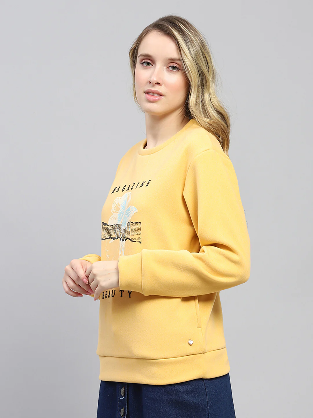 Women Yellow Printed Round Neck Full Sleeve Sweatshirt - Image 3