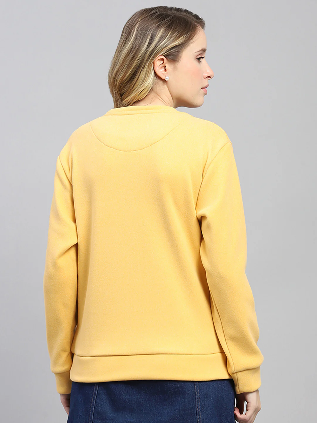 Women Yellow Printed Round Neck Full Sleeve Sweatshirt - Image 5