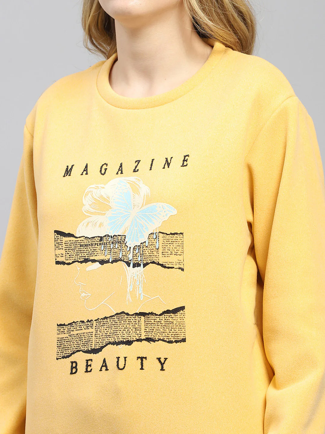 Women Yellow Printed Round Neck Full Sleeve Sweatshirt - Image 7