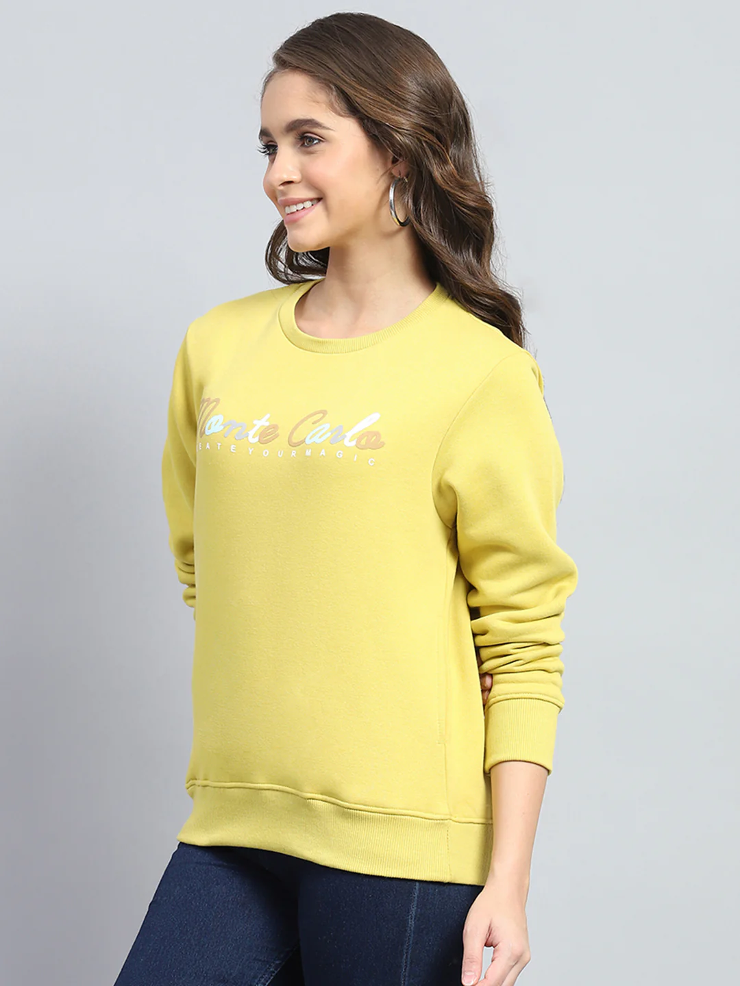 Women Yellow Printed Round Neck Full Sleeve Sweatshirt - Image 3