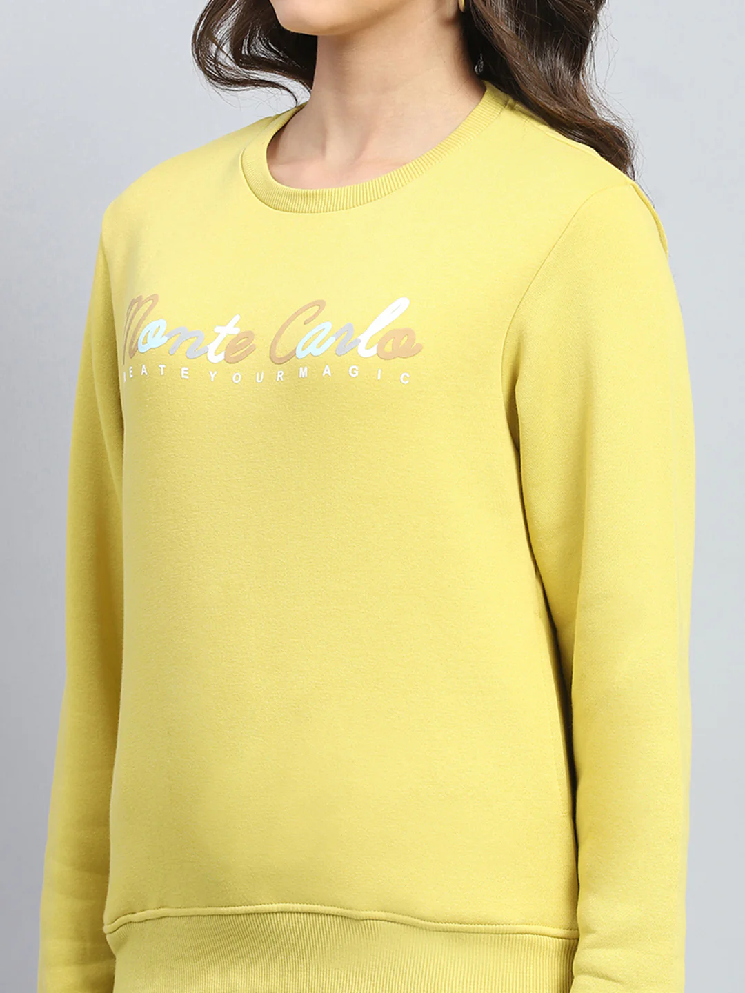 Women Yellow Printed Round Neck Full Sleeve Sweatshirt - Image 7