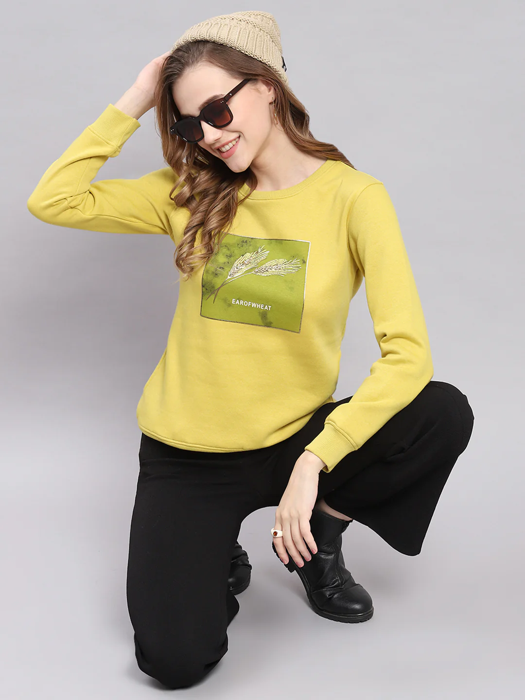 Women Yellow Printed Round Neck Full Sleeve Sweatshirts - Image 2