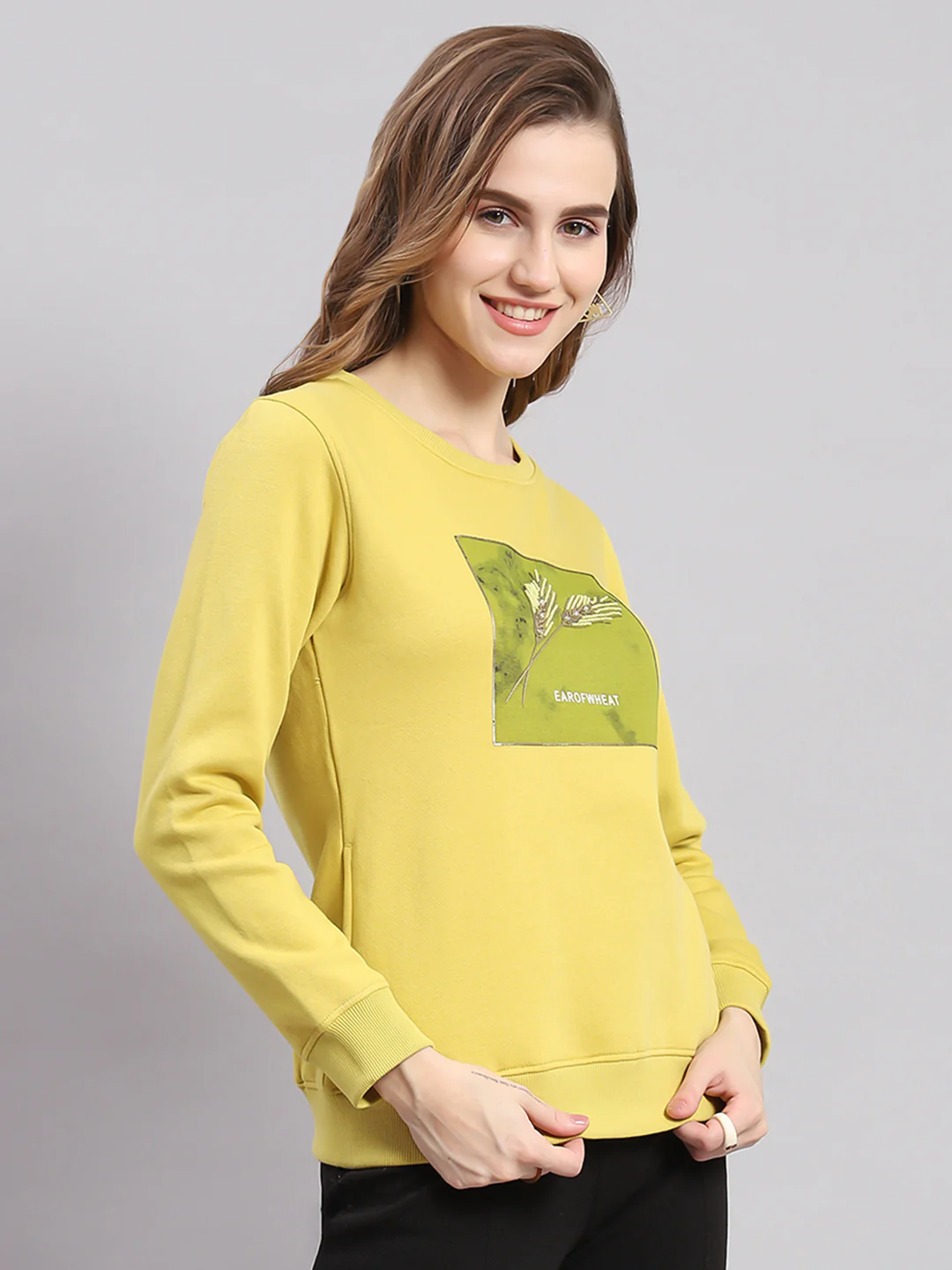 Women Yellow Printed Round Neck Full Sleeve Sweatshirts - Image 5