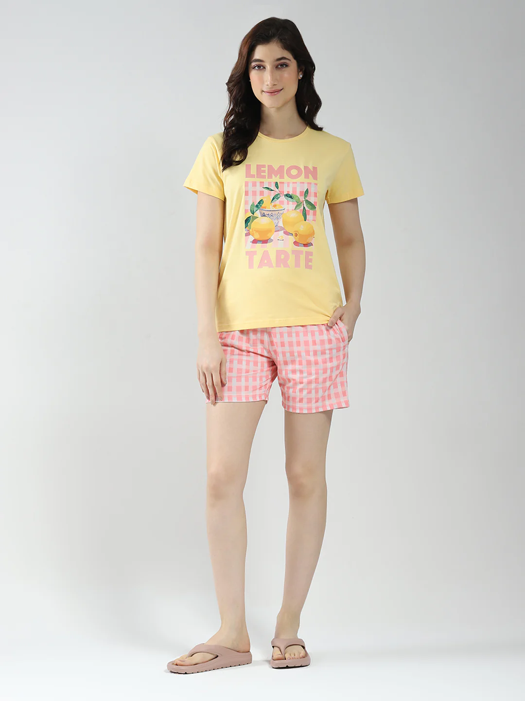 Women Yellow Printed Round Neck Half Sleeve Combo 3Pc Set (T-Shirt, Shorts & Lower) - Image 9