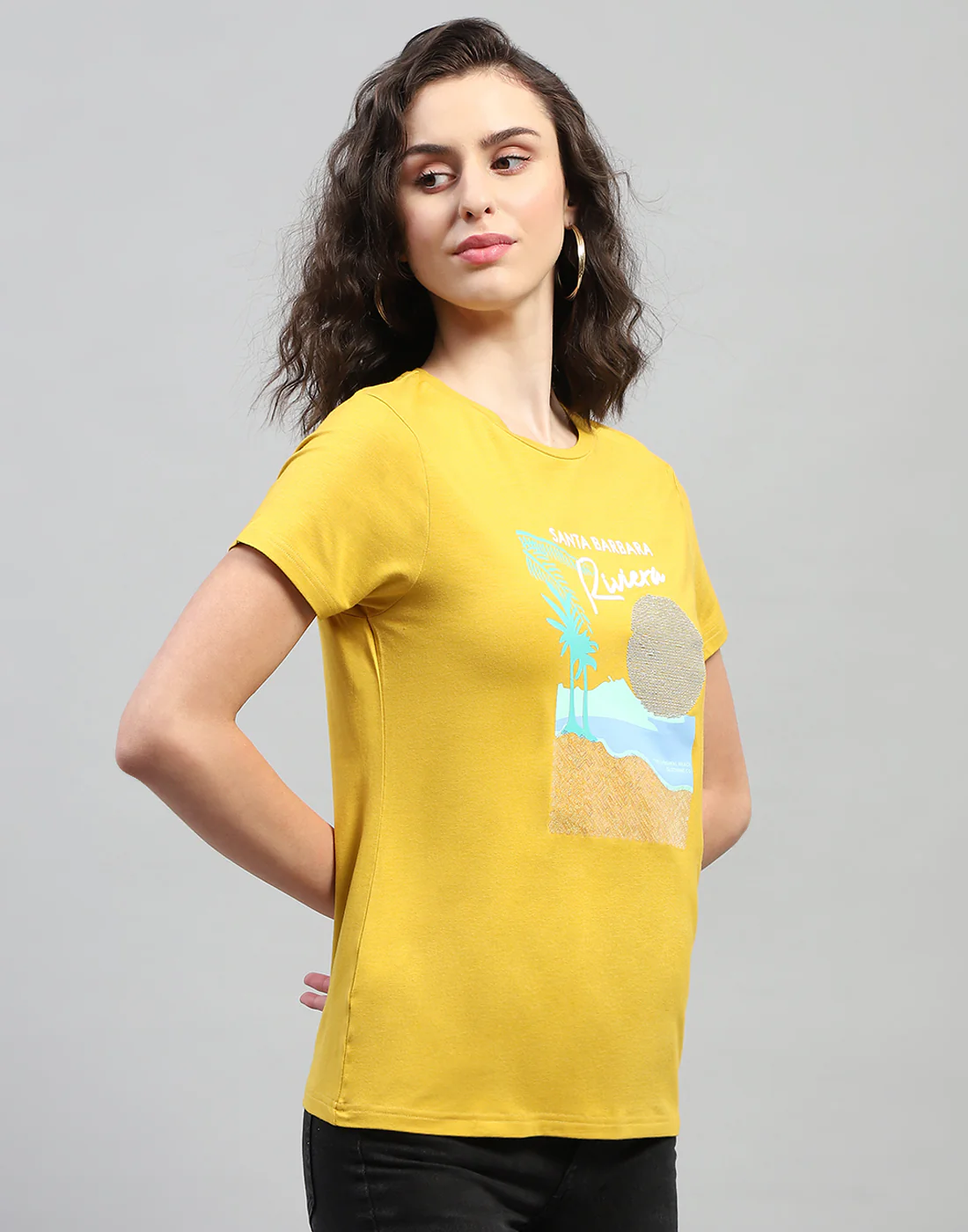 Women Yellow Printed Round Neck Half Sleeve Top - Image 4
