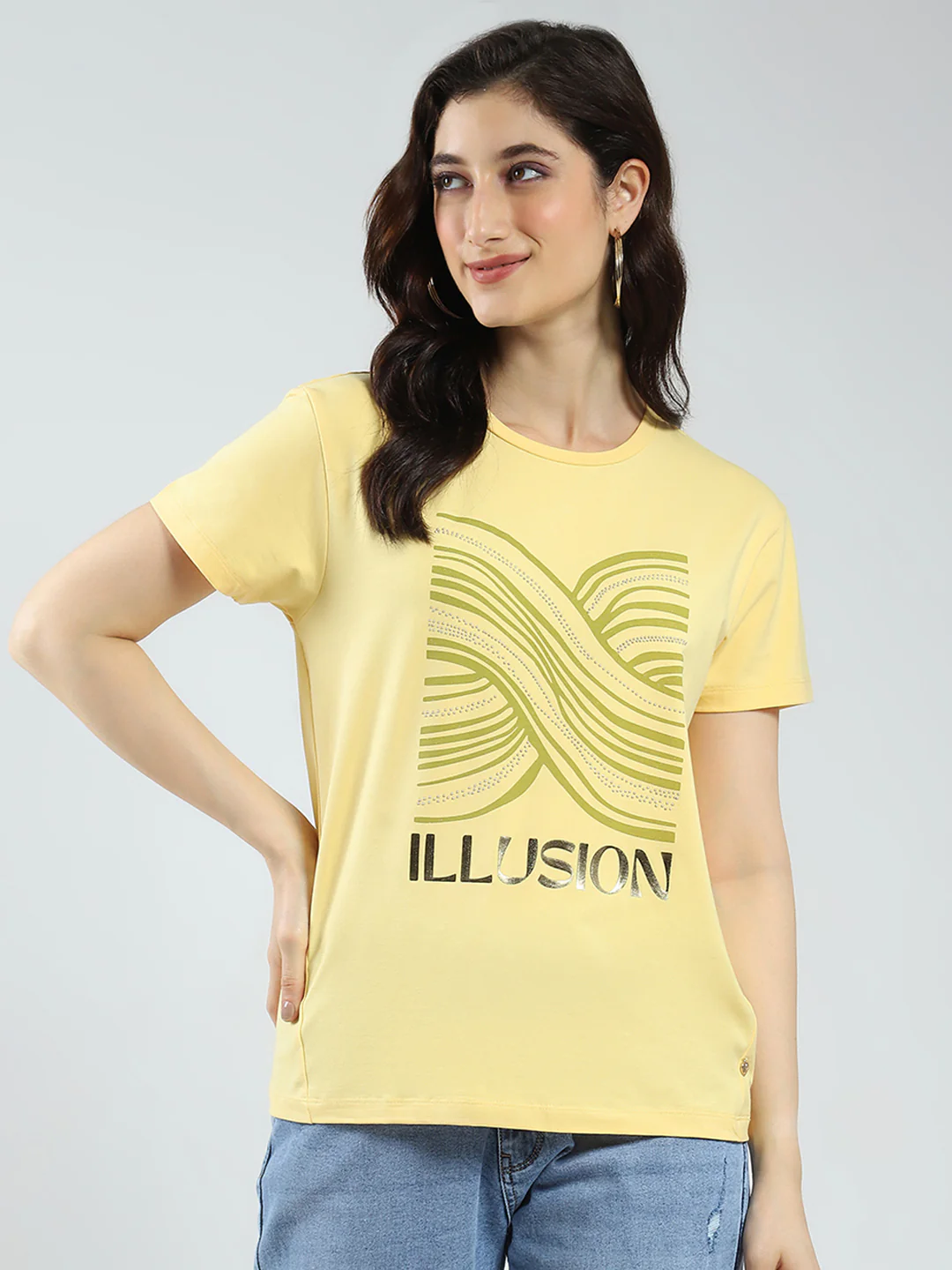 Women Yellow Printed Round Neck Half Sleeve Top - Image 3