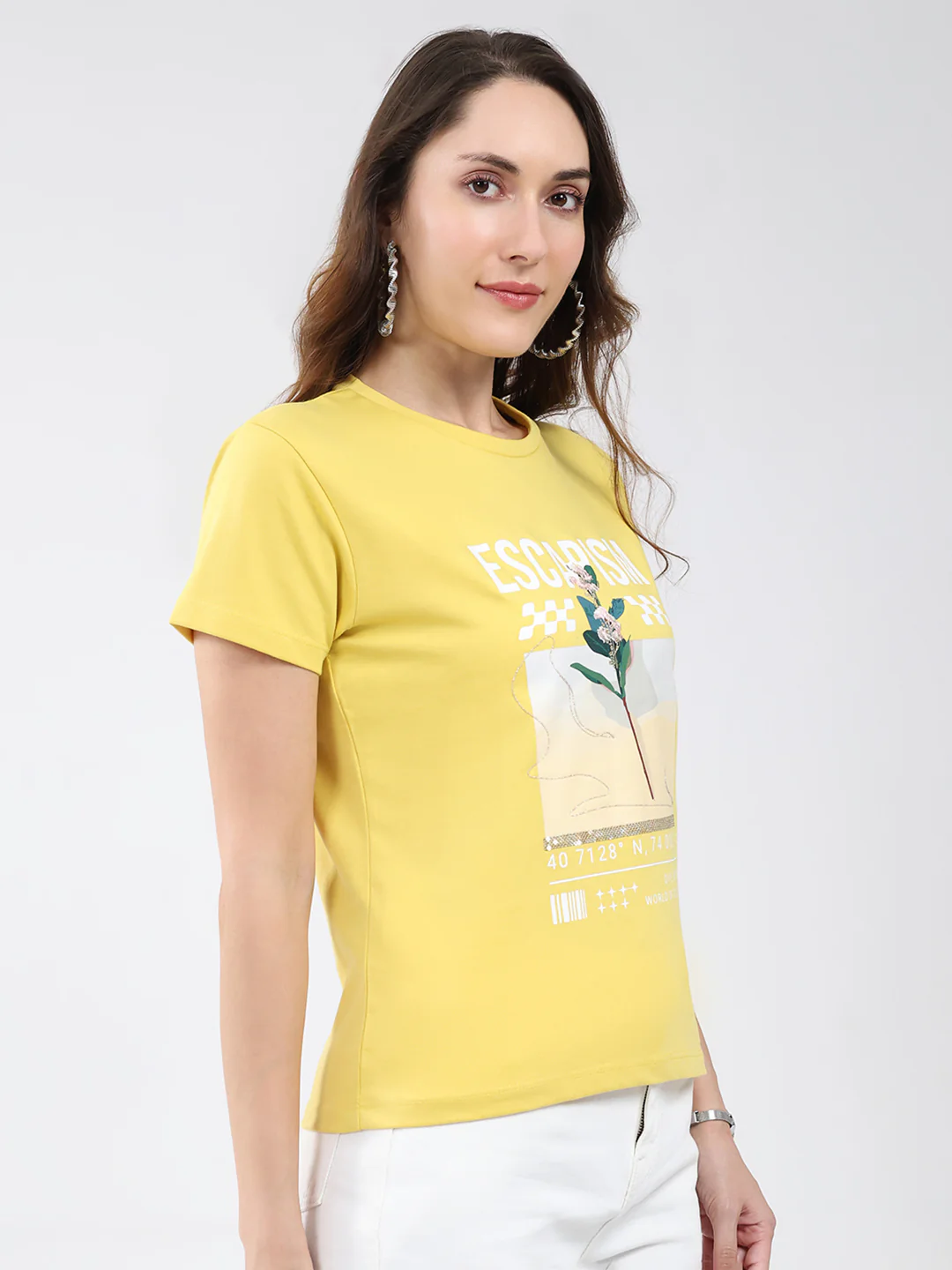 Women Yellow Printed Round Neck Half Sleeve Top - Image 4
