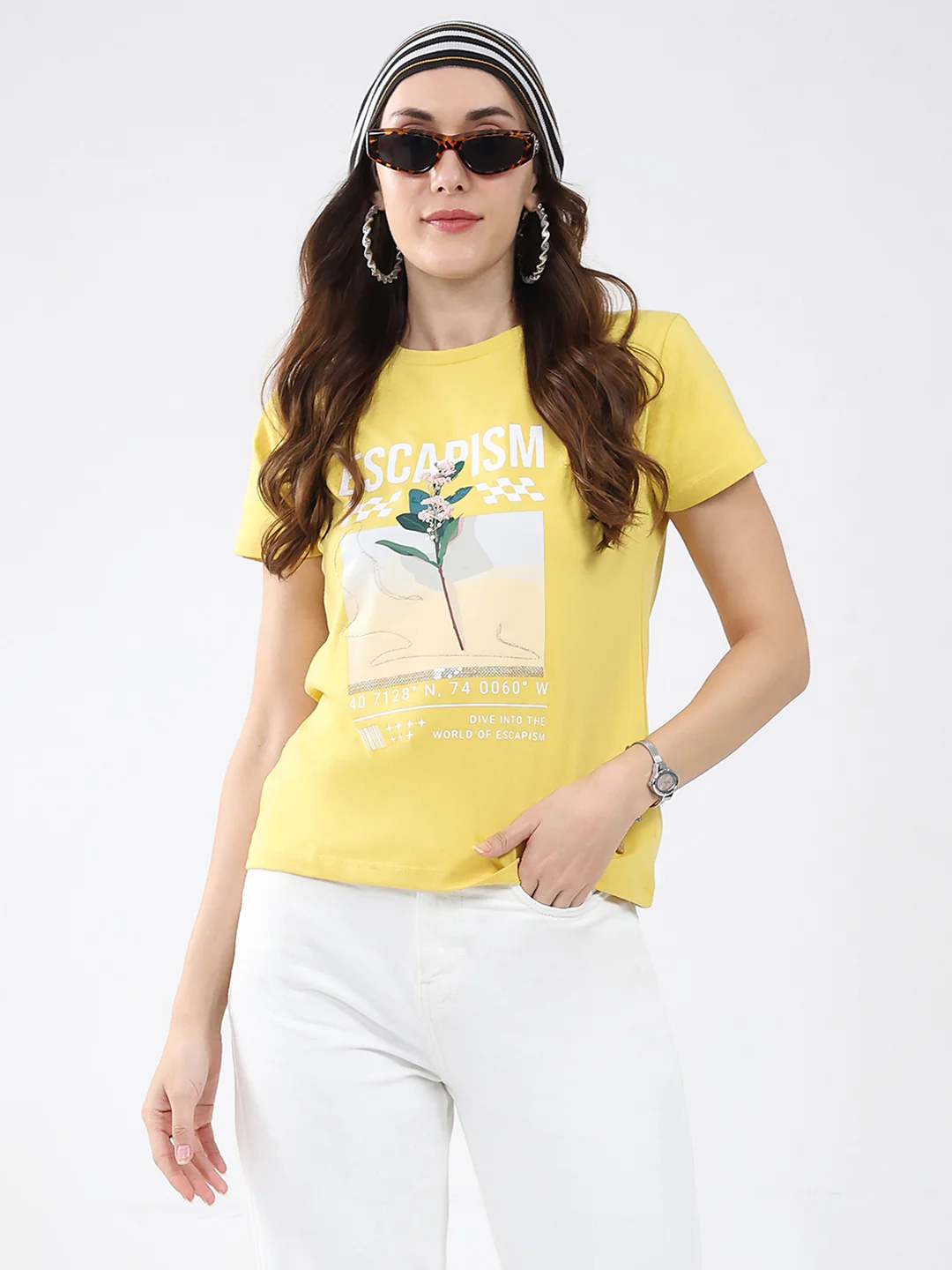 Women Yellow Printed Round Neck Half Sleeve Top - Image 6