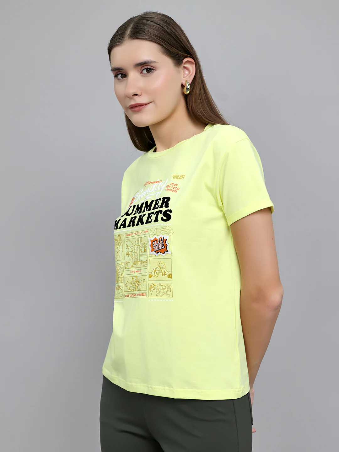 Women Yellow Printed Round Neck Half Sleeve Top - Image 2