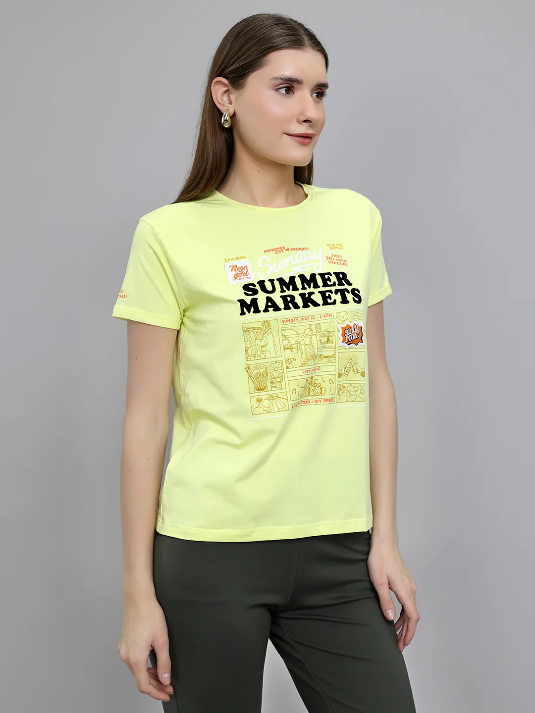 Women Yellow Printed Round Neck Half Sleeve Top - Image 3