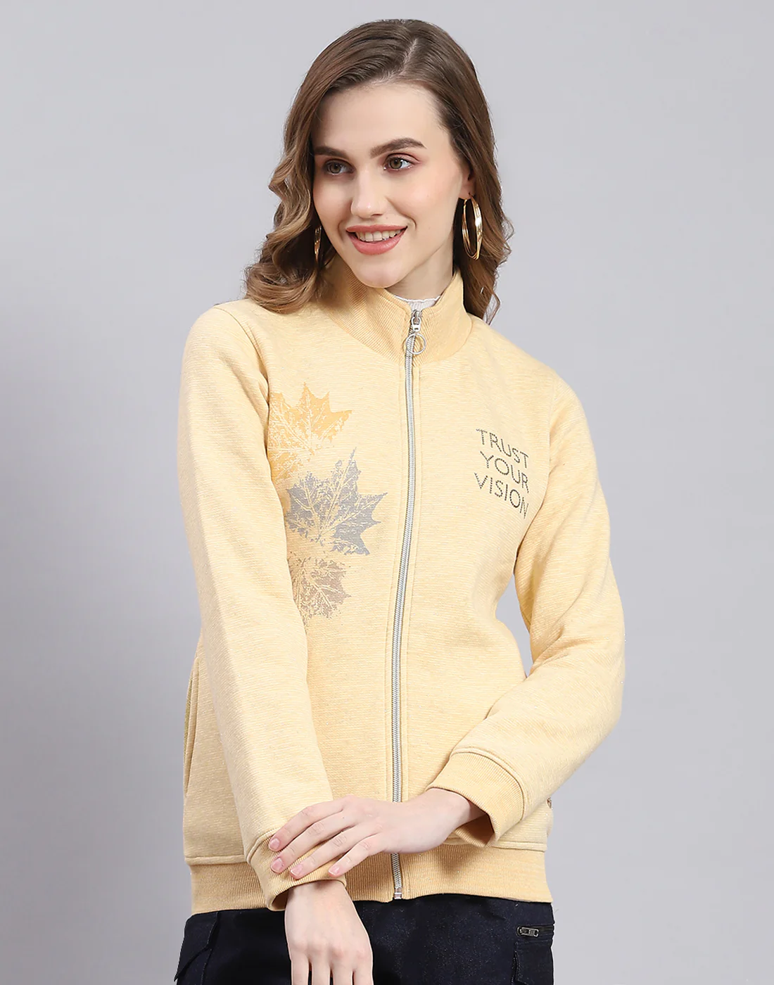 Women Yellow Printed Stand Collar Full Sleeve Sweatshirt - Image 2