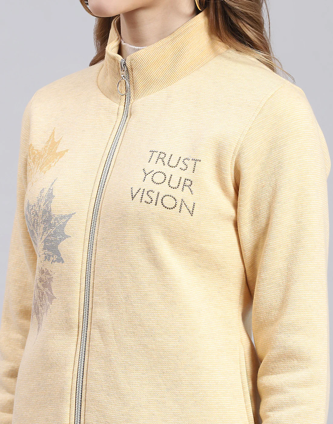 Women Yellow Printed Stand Collar Full Sleeve Sweatshirt - Image 7